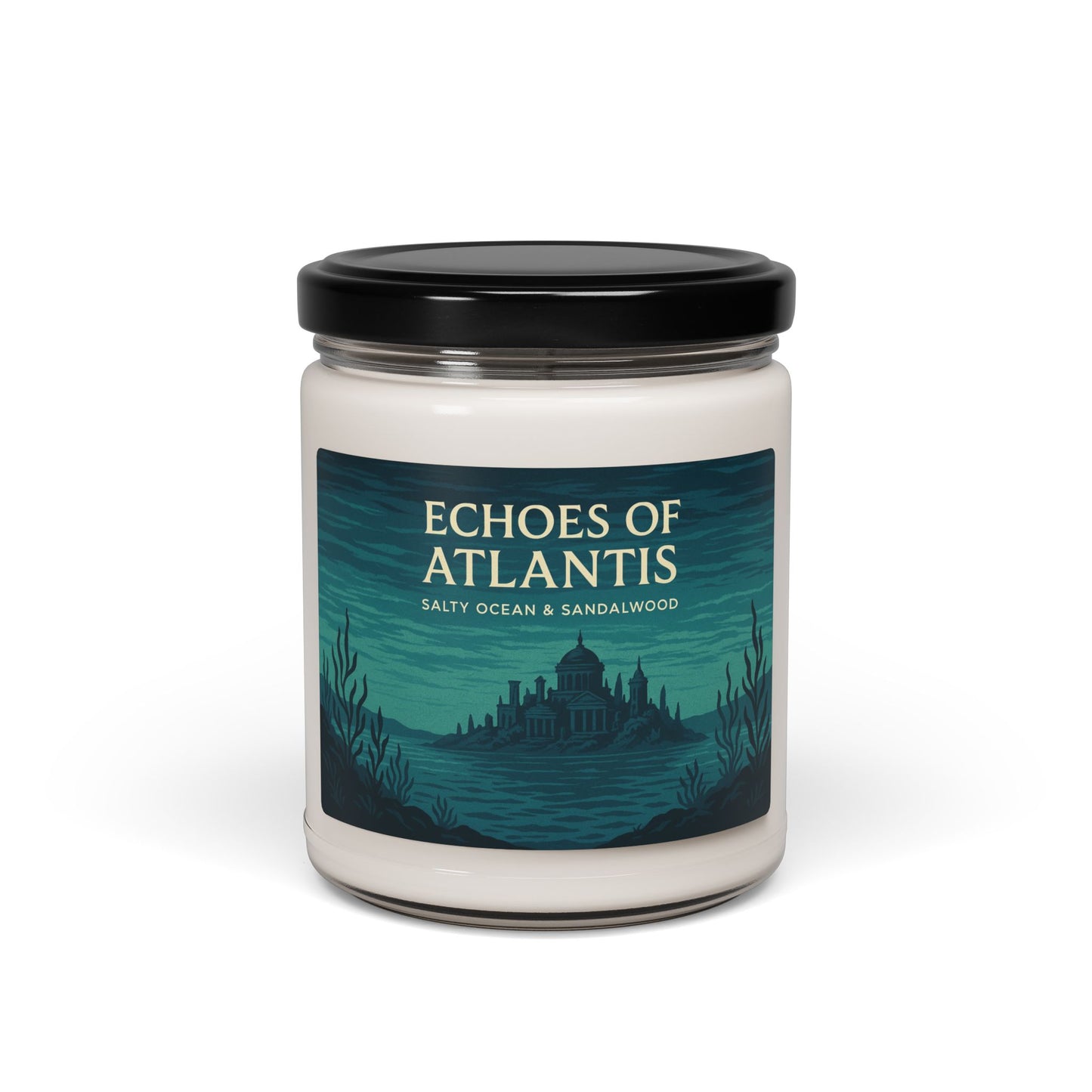 Soy wax candle in glass jar labeled 'Echoes of Atlantis' with ocean-scented blue and gold design