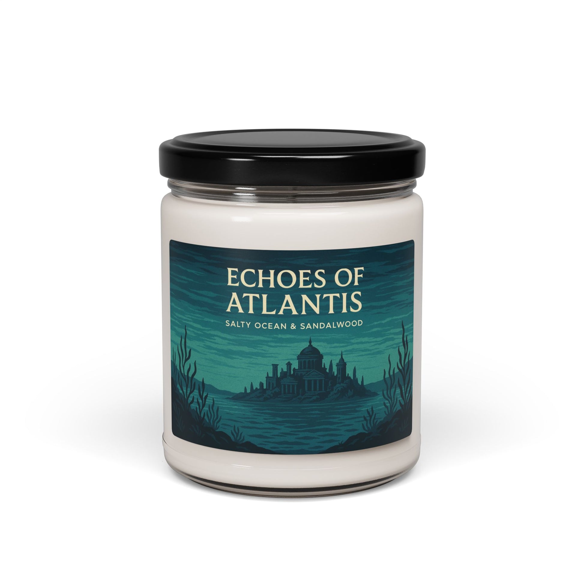 Soy wax candle in glass jar labeled 'Echoes of Atlantis' with ocean-scented blue and gold design