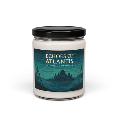 Soy wax candle in glass jar labeled 'Echoes of Atlantis' with ocean-scented blue and gold design