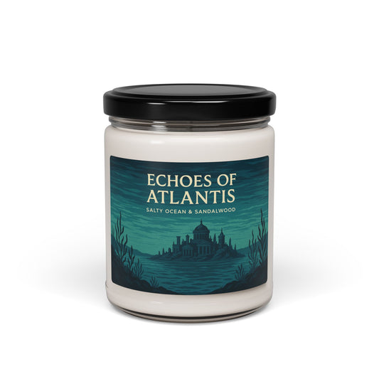Soy wax candle in glass jar labeled 'Echoes of Atlantis' with ocean-scented blue and gold design