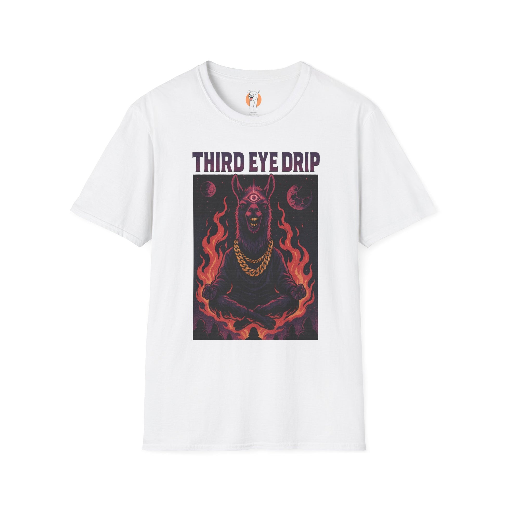 White "Third Eye Drip" tee featuring a cosmic llama surrounded by flames with purple "Third Eye Drip" text.