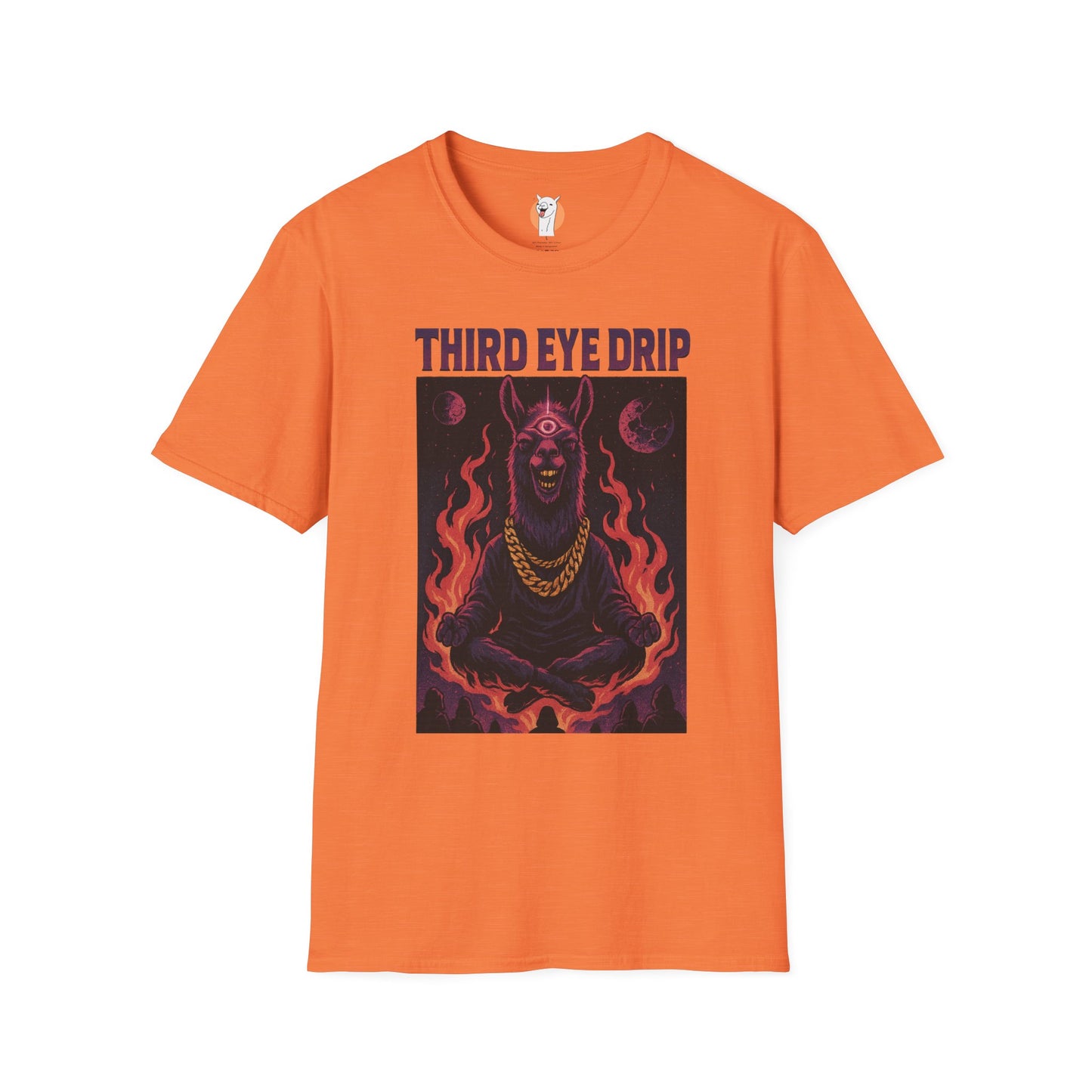 Orange "Third Eye Drip" tee featuring a cosmic llama surrounded by flames with purple "Third Eye Drip" text.