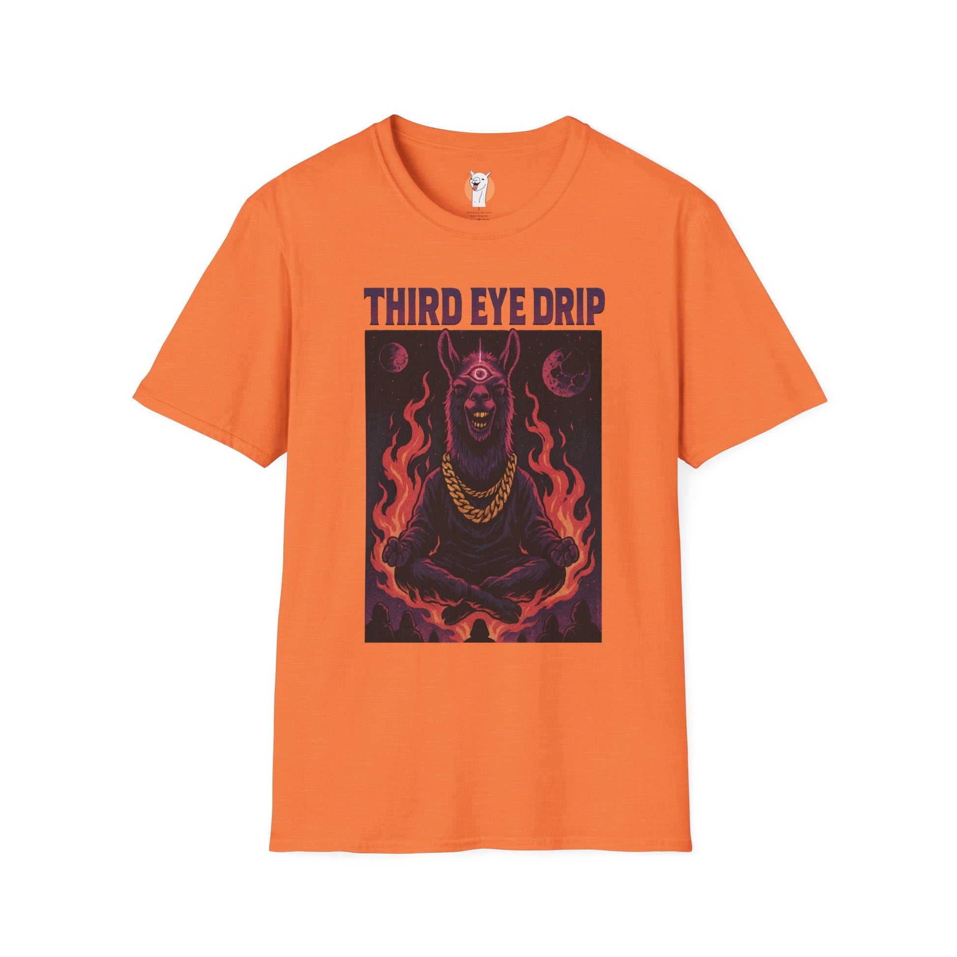 Orange "Third Eye Drip" tee featuring a cosmic llama surrounded by flames with purple "Third Eye Drip" text.