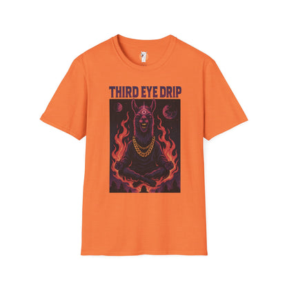 Orange "Third Eye Drip" tee featuring a cosmic llama surrounded by flames with purple "Third Eye Drip" text.