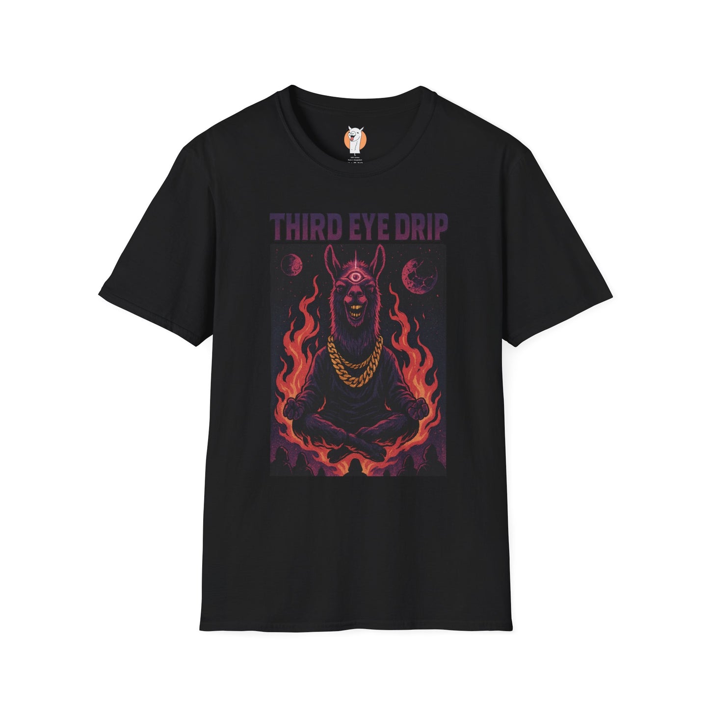 Black graphic tee with cosmic llama, flames, and third-eye design representing spiritual streetwear