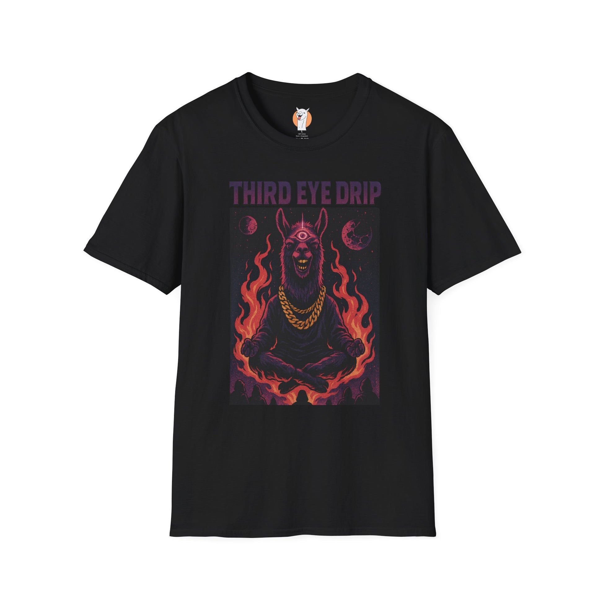 Black graphic tee with cosmic llama, flames, and third-eye design representing spiritual streetwear