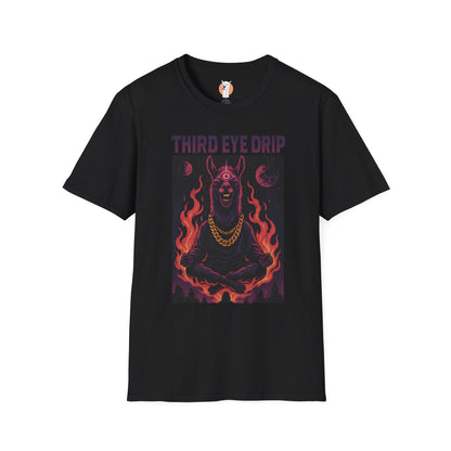 Black graphic tee with cosmic llama, flames, and third-eye design representing spiritual streetwear