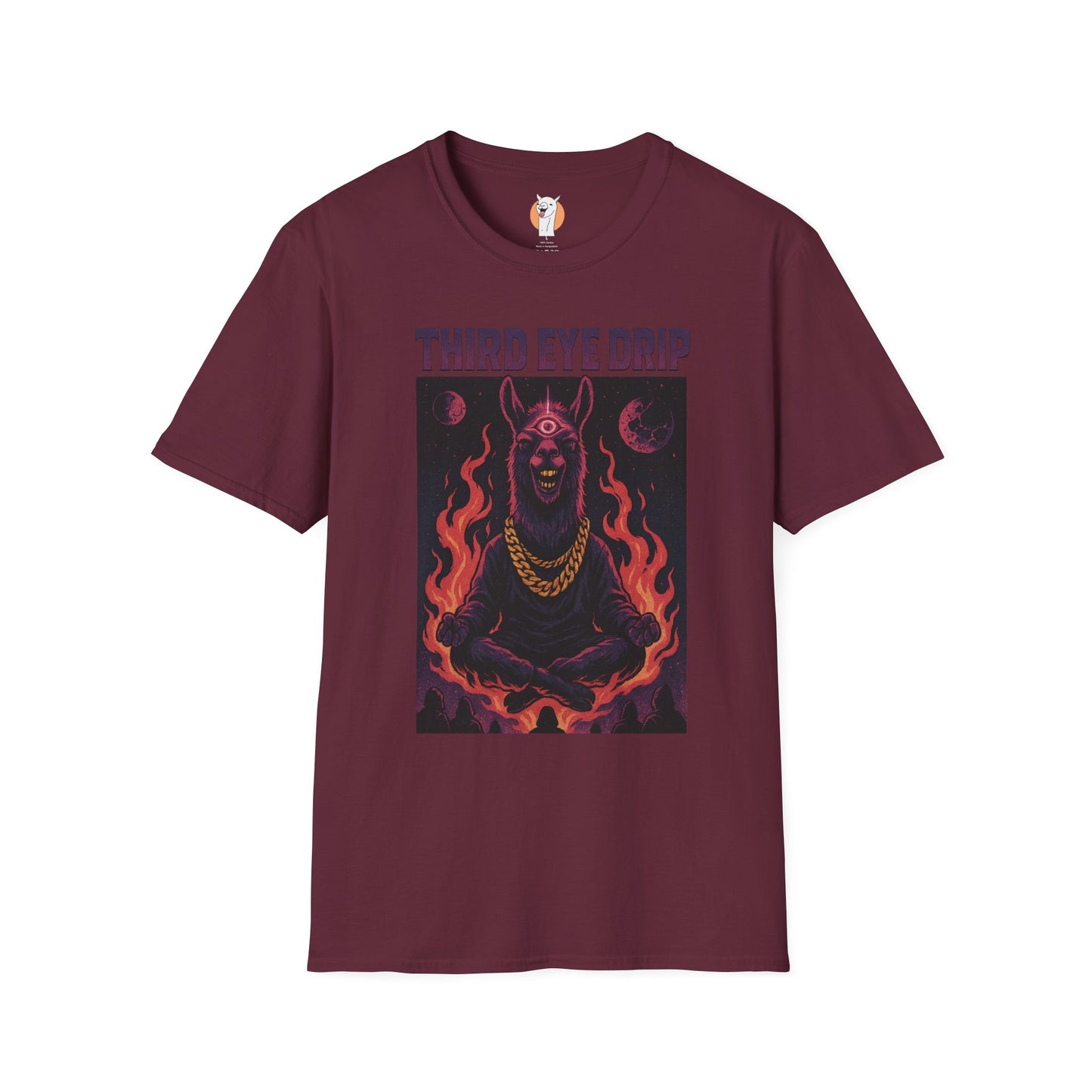 Maroon "Third Eye Drip" tee featuring a cosmic llama surrounded by flames with red and purple "Third Eye Drip" text.