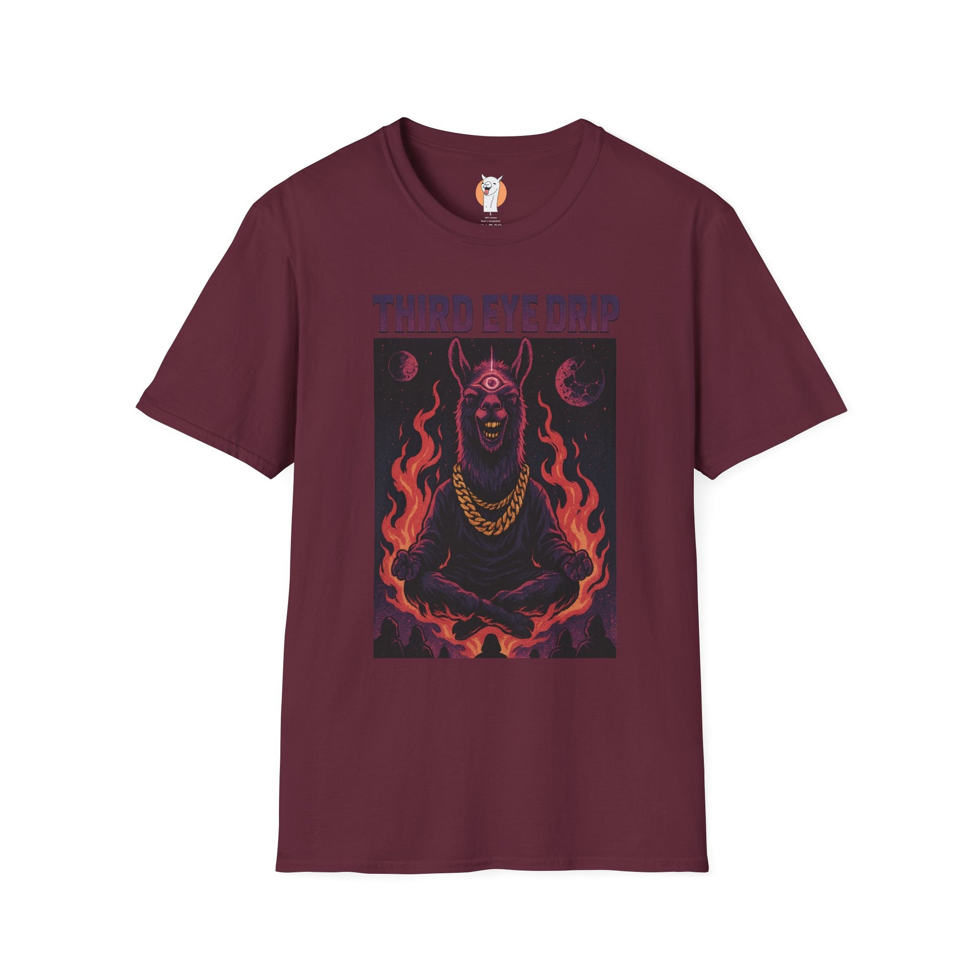 Maroon "Third Eye Drip" tee featuring a cosmic llama surrounded by flames with red and purple "Third Eye Drip" text.