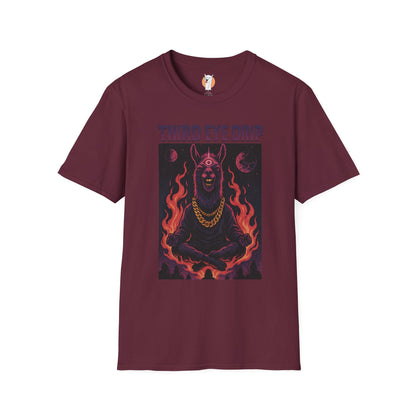 Maroon "Third Eye Drip" tee featuring a cosmic llama surrounded by flames with red and purple "Third Eye Drip" text.